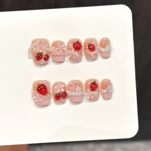 10pcs Cute Red Strawberry Press On Nails Pink Bowknots Flower Pearl Decor French Handmade Fake Nail Sweet Girl Square False Nail