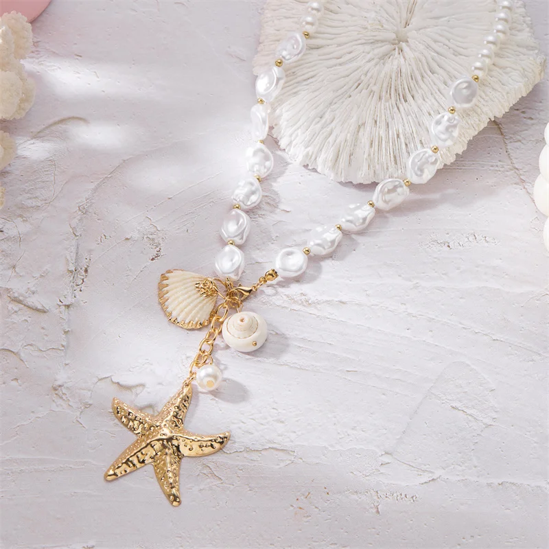 Fashion Irregular Imitation Pearls Shell Necklace for Women Exaggerated Metal Starfish Pendant Necklace Bohemian Jewelry Gifts - 图片 5