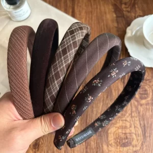 Vintage Brown Padded Headbands For Women Plaid Floral Print Hairbands Knitted Velvet Hair Hoops Plain Head Bands Accessories 1pc