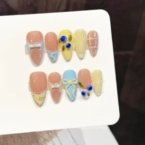 10pcs Korean Style Handmade False Nails 3D Lemon Blueberry Bowknots Designs Press On Nails Sweet Fresh Almond French Fake Nail