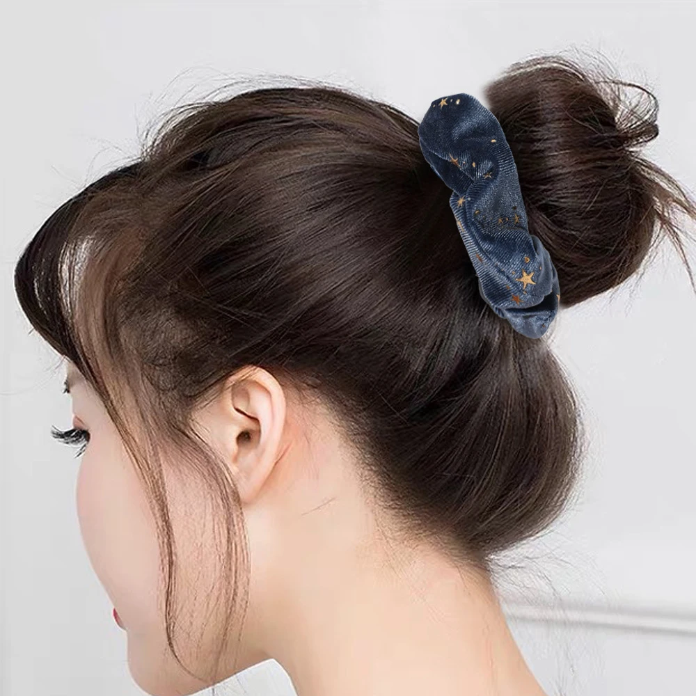 Women Girls Vintage Soft Velvet Scrunchy Star Gilding Print Hair Tie Simple Elastic Hair Rope Headband Elegant Hair Accessories - 图片 5