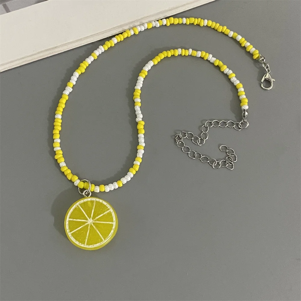 Various Fruit Pendant Necklace for Girl Women Handmade Rice Beads Bohemian Choker Watermelon Lemon Strawberry Neck Jewelry - 图片 2