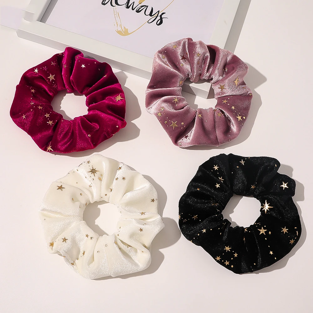 Women Girls Vintage Soft Velvet Scrunchy Star Gilding Print Hair Tie Simple Elastic Hair Rope Headband Elegant Hair Accessories - 图片 3