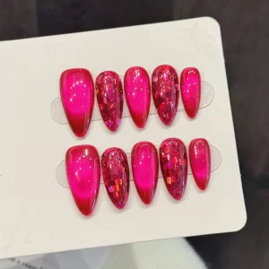10pcs Rose Red Cat's Eye Press On Nails Solid Pitaya Color Almond Handmade Fake Nail Shiny Sequins Designs Spicy Girl False Nail