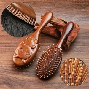 Hand-Carved Sandalwood Air Cushion Comb with Bamboo Bristles Cat-Shaped Wooden Hair Styling Comb Oval Scalp Massage Brush Comb