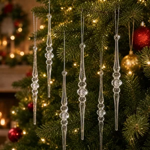 12pcs Clear Icicle Christmas Ornaments Acrylic Beaded Hanging Pendants Xmas Tree Winter Holiday Party Decor