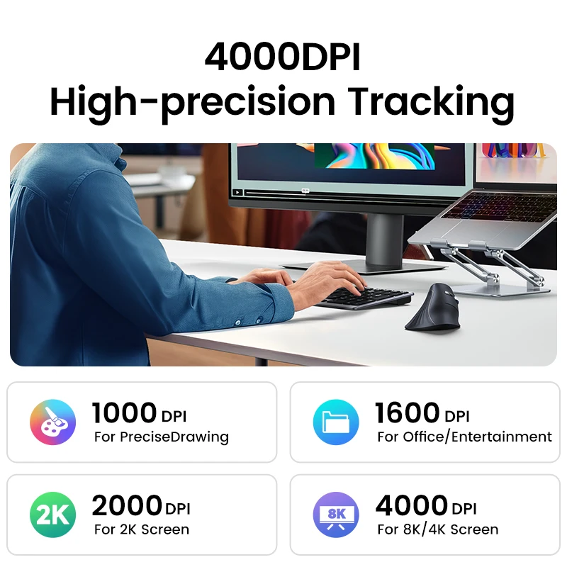 UGREEN Vertical Mouse Wireless Bluetooth5.0 2.4G Ergonomic 4000DPI 6 Mute Buttons for MacBook Tablet Laptops Computer PC Mice - 图片 3