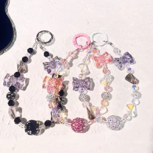 Crystal Beaded Colourful Diamond Ball Uv Bow Pendant Diy Mobile Phone Chain Bag Keychain Pendant Female New 2024