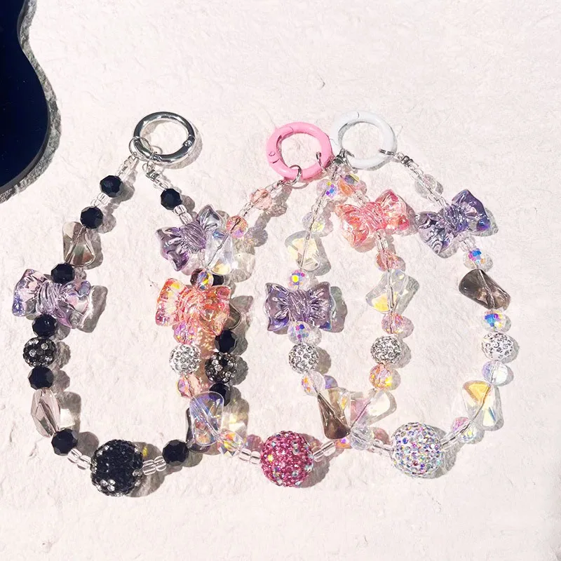 Crystal Beaded Colourful Diamond Ball Uv Bow Pendant Diy Mobile Phone Chain Bag Keychain Pendant Female New 2024