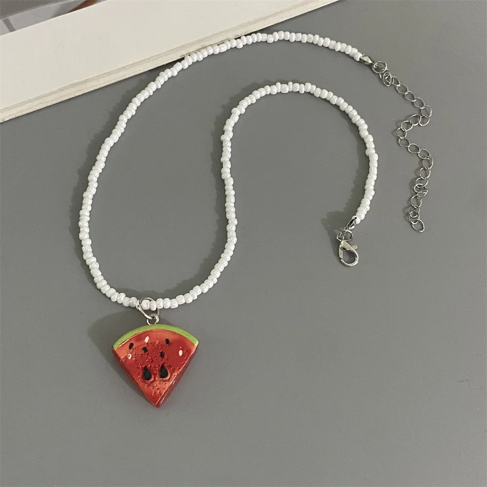 Various Fruit Pendant Necklace for Girl Women Handmade Rice Beads Bohemian Choker Watermelon Lemon Strawberry Neck Jewelry - 图片 3