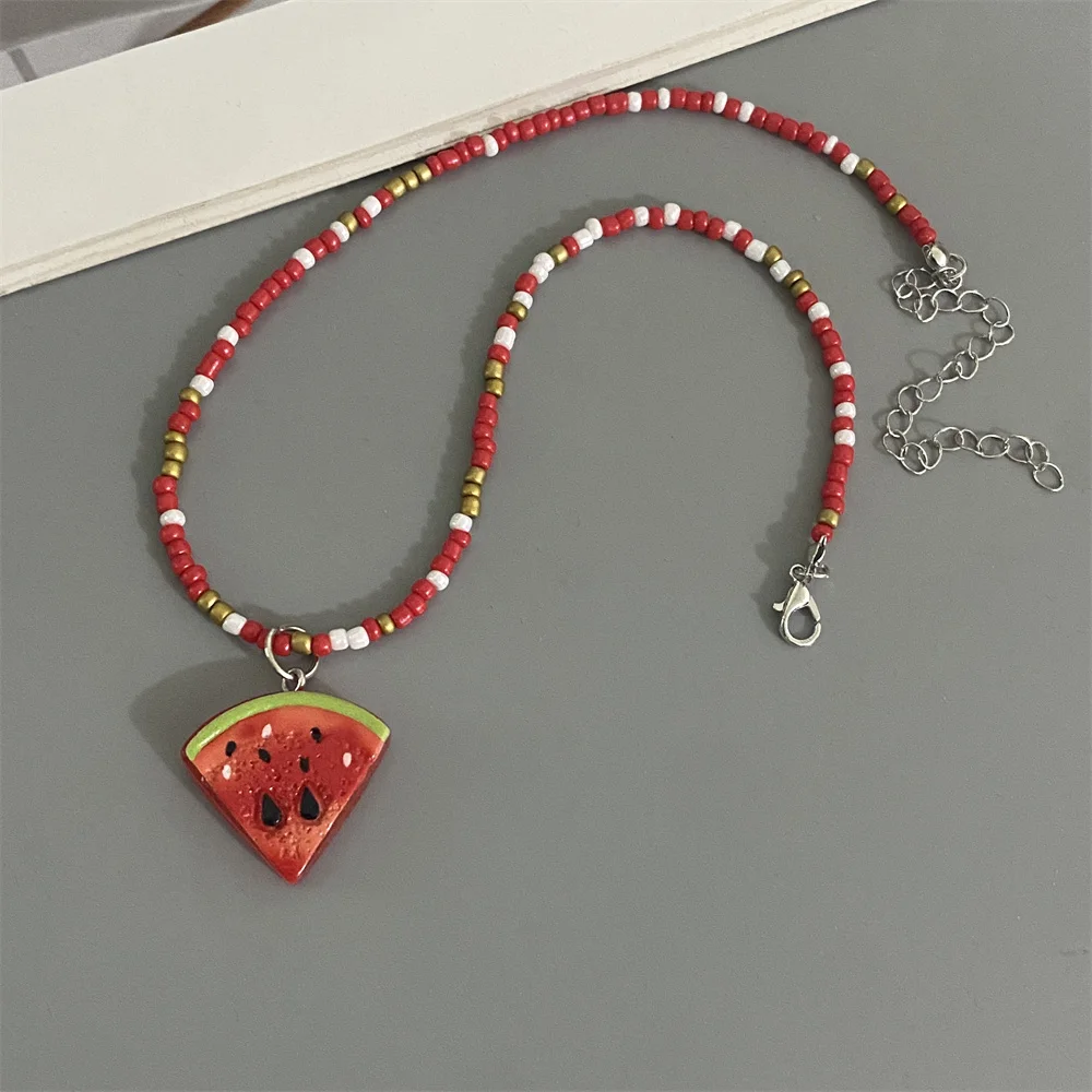 Various Fruit Pendant Necklace for Girl Women Handmade Rice Beads Bohemian Choker Watermelon Lemon Strawberry Neck Jewelry - 图片 5