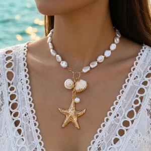 Fashion Irregular Imitation Pearls Shell Necklace for Women Exaggerated Metal Starfish Pendant Necklace Bohemian Jewelry Gifts