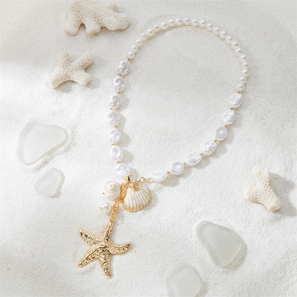 Fashion Irregular Imitation Pearls Shell Necklace for Women Exaggerated Metal Starfish Pendant Necklace Bohemian Jewelry Gifts - 图片 4