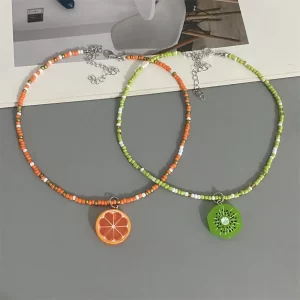 Various Fruit Pendant Necklace for Girl Women Handmade Rice Beads Bohemian Choker Watermelon Lemon Strawberry Neck Jewelry