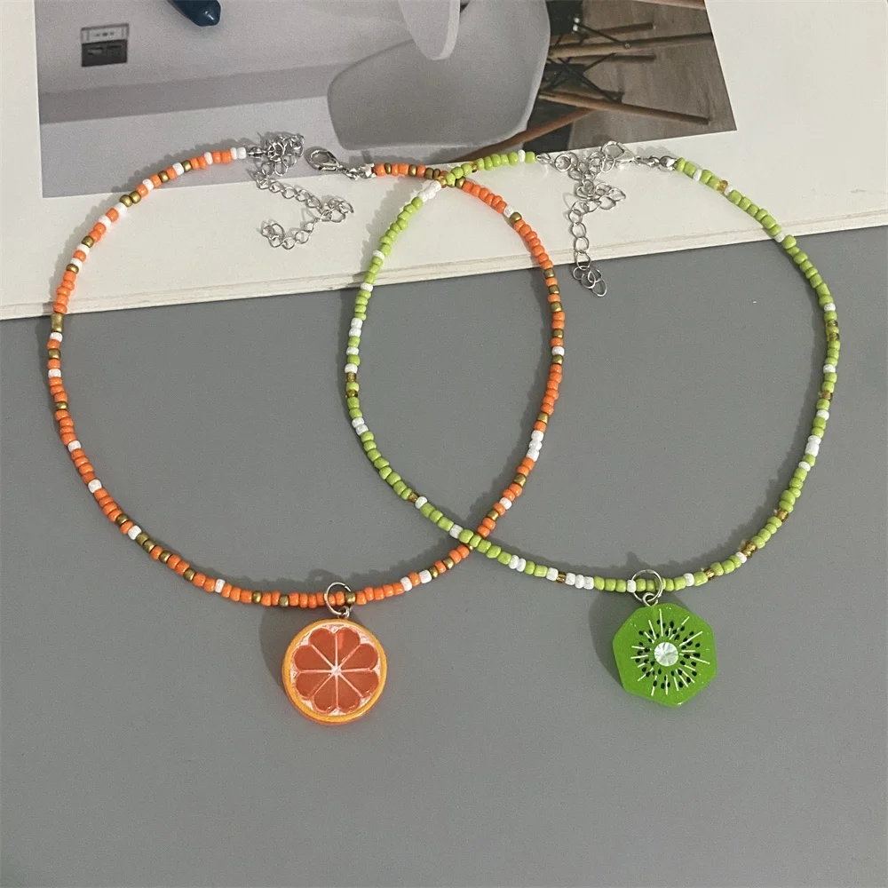 Various Fruit Pendant Necklace for Girl Women Handmade Rice Beads Bohemian Choker Watermelon Lemon Strawberry Neck Jewelry